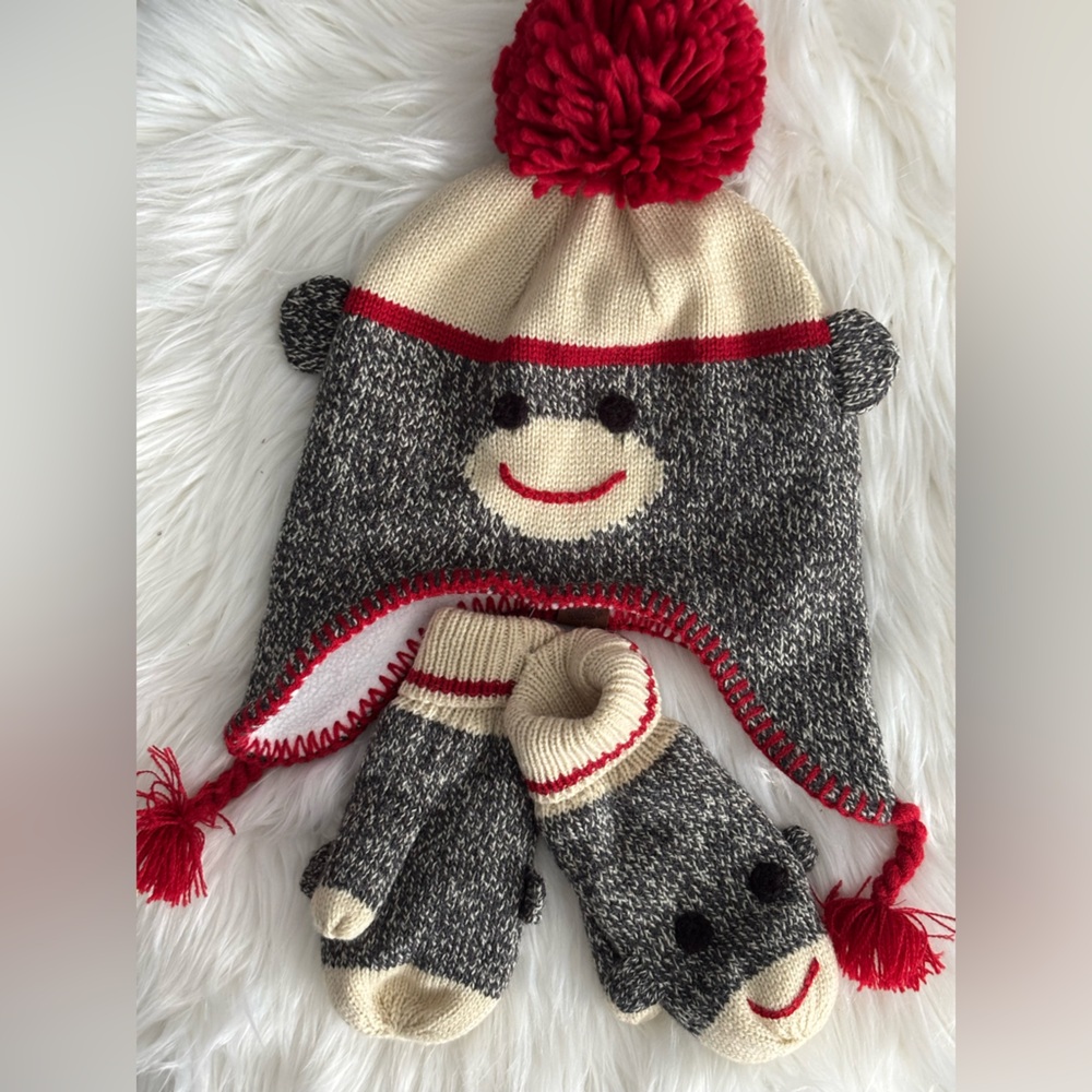 Roots Gray and Red Monkey Knit Hat and Mittens